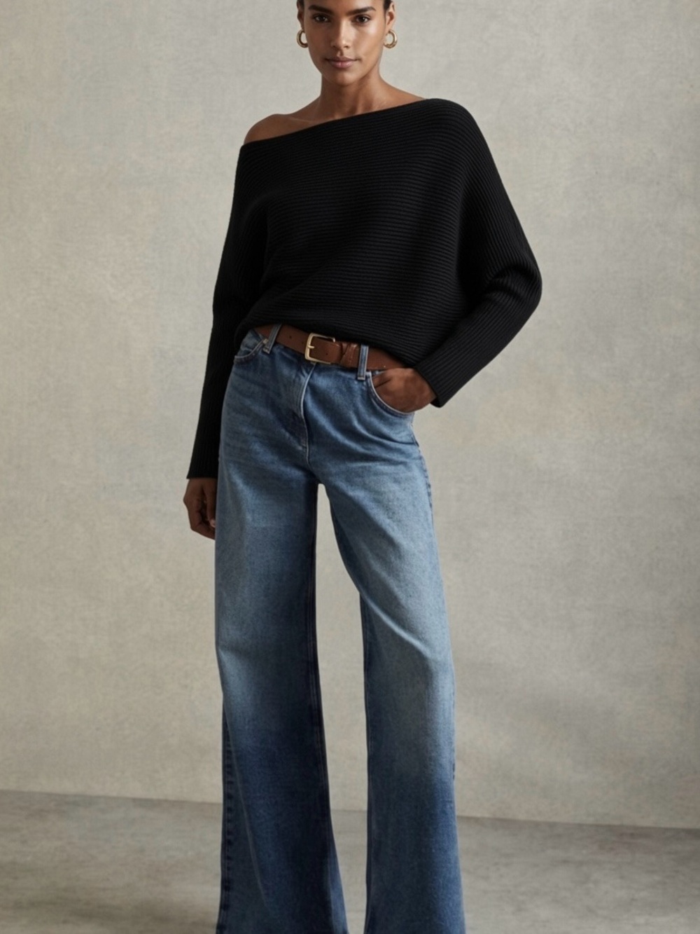 Reiss “Lorna” Black, Asymmetrical Ribbed Sweater